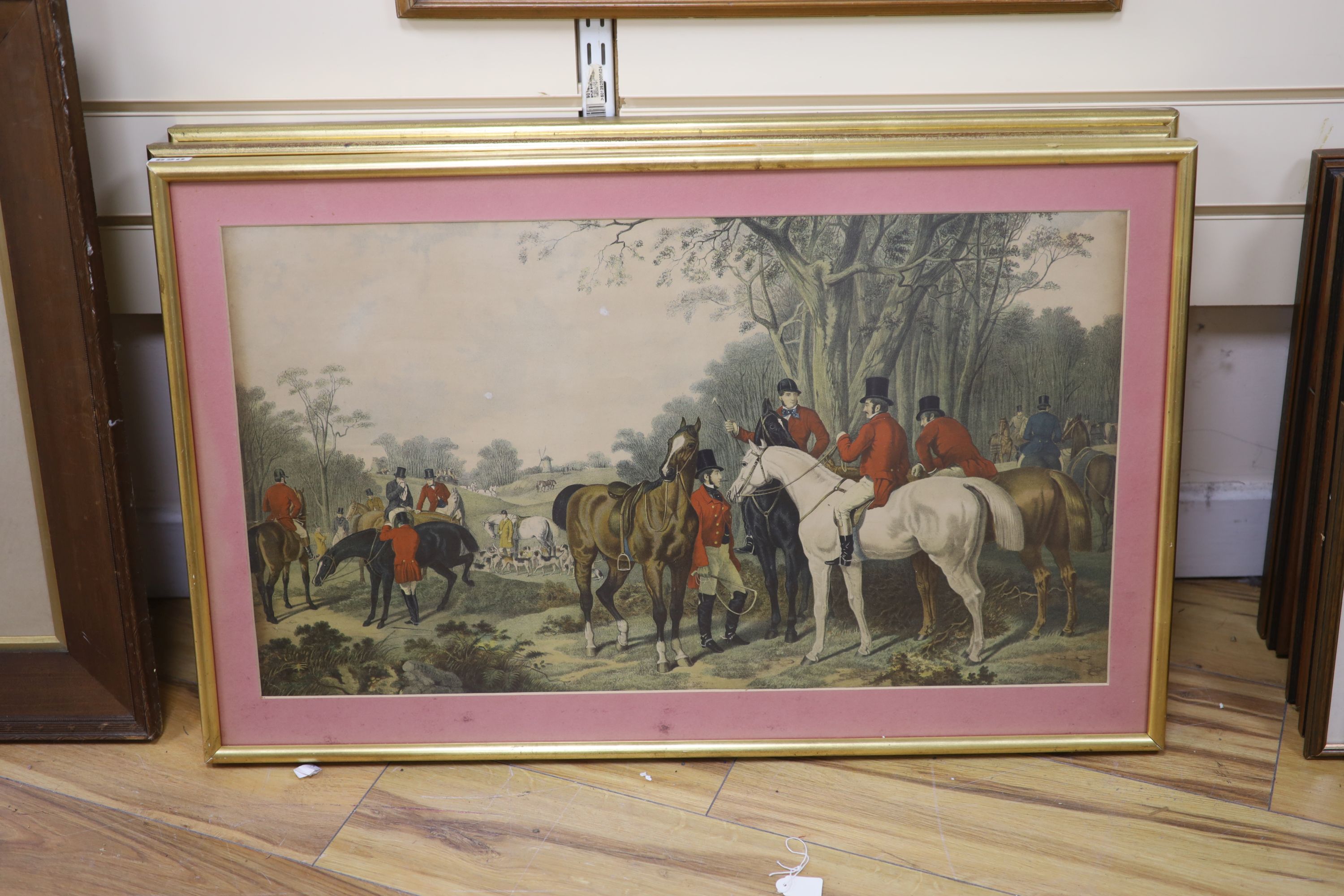 After John Frederick Herring Snr., three coloured lithographs, Hunting scenes, 39 x 71cm